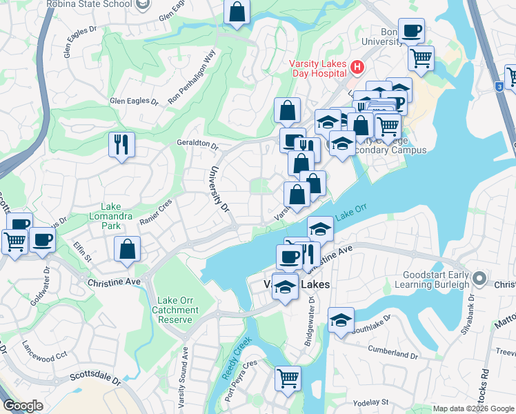 map of restaurants, bars, coffee shops, grocery stores, and more near 39 North Shore Avenue in Varsity Lakes