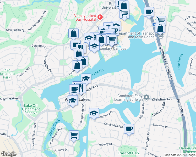 map of restaurants, bars, coffee shops, grocery stores, and more near 1 Cornell Court in Varsity Lakes