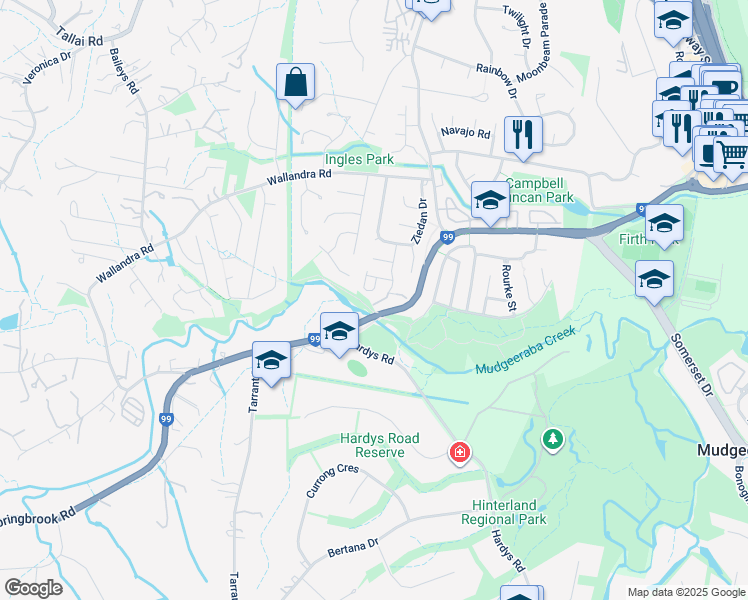 map of restaurants, bars, coffee shops, grocery stores, and more near 17 Douma Drive in Mudgeeraba