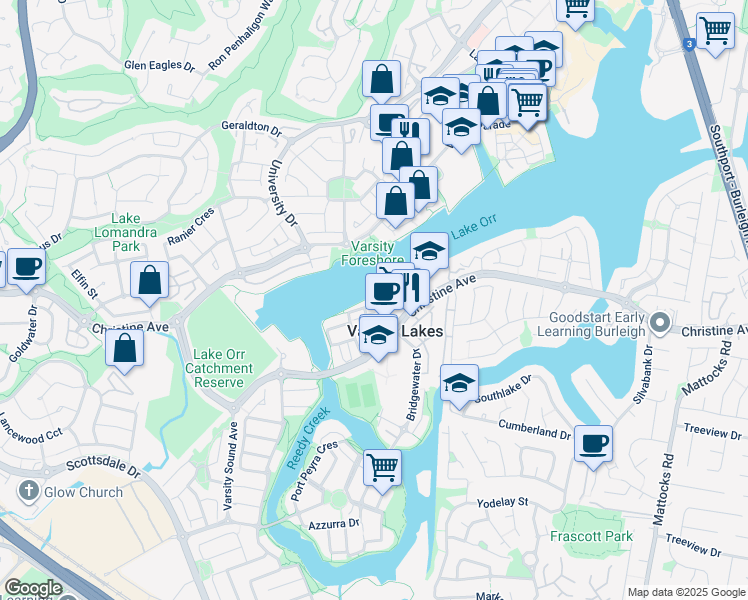 map of restaurants, bars, coffee shops, grocery stores, and more near 11 South Bay Drive in Varsity Lakes