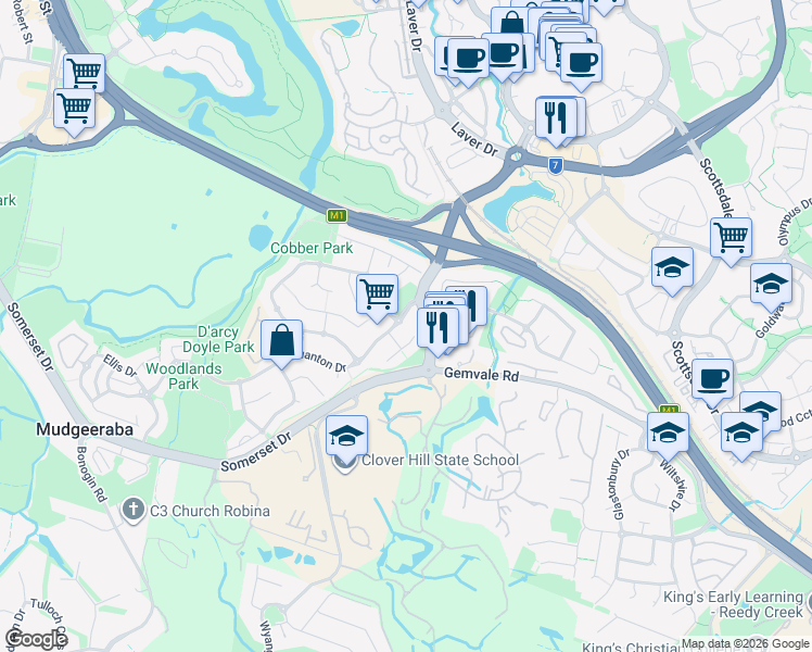 map of restaurants, bars, coffee shops, grocery stores, and more near 8 Swanton Drive in Mudgeeraba