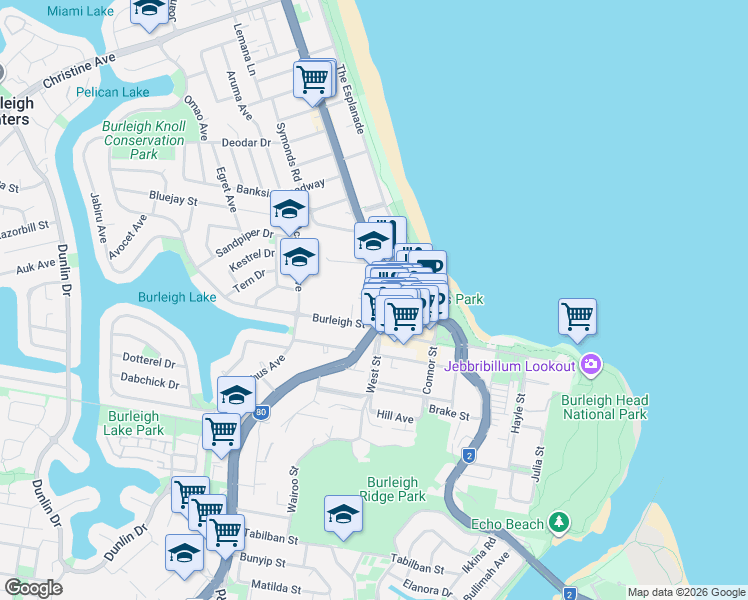 map of restaurants, bars, coffee shops, grocery stores, and more near 1 West Burleigh Road in Burleigh Heads