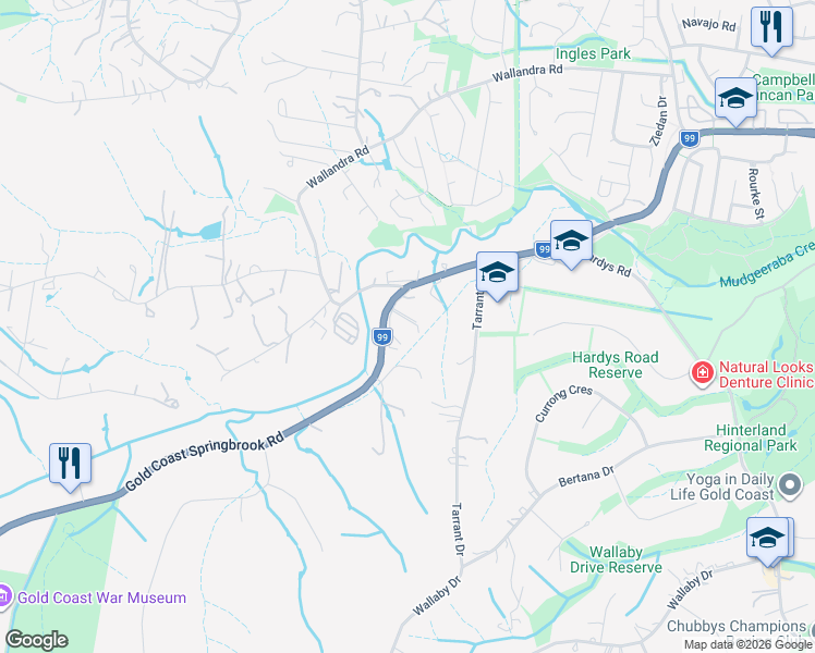 map of restaurants, bars, coffee shops, grocery stores, and more near 19 Rayner Lane in Mudgeeraba