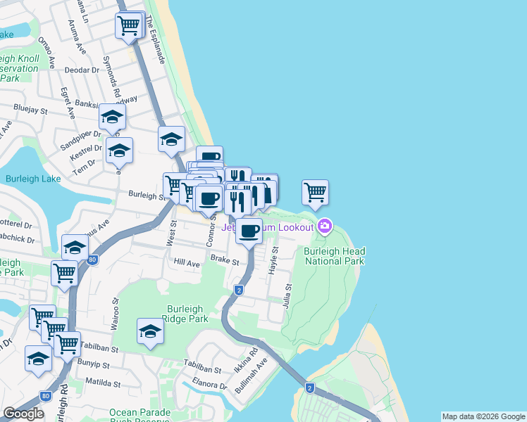 map of restaurants, bars, coffee shops, grocery stores, and more near 43 Goodwin Terrace in Burleigh Heads