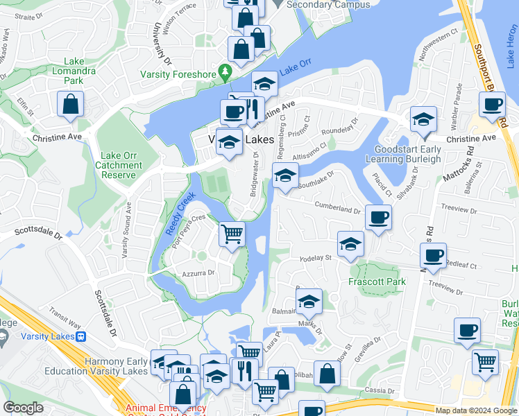 map of restaurants, bars, coffee shops, grocery stores, and more near 16 Comore Drive in Varsity Lakes