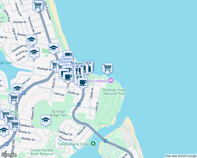 map of restaurants, bars, coffee shops, grocery stores, and more near 20 Goodwin Terrace in Burleigh Heads