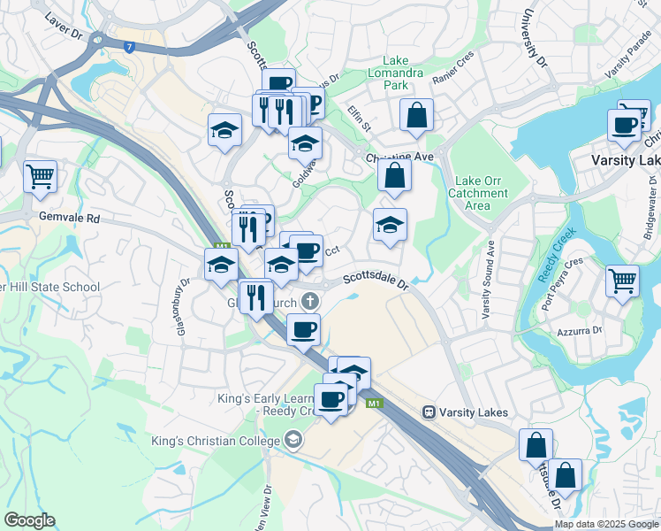 map of restaurants, bars, coffee shops, grocery stores, and more near 1 Acacia Court in Robina