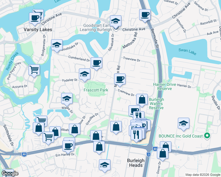 map of restaurants, bars, coffee shops, grocery stores, and more near 39 Frascott Avenue in Varsity Lakes