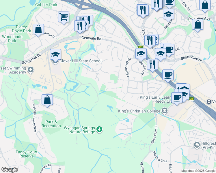 map of restaurants, bars, coffee shops, grocery stores, and more near 15 Bedford Crescent in Mudgeeraba