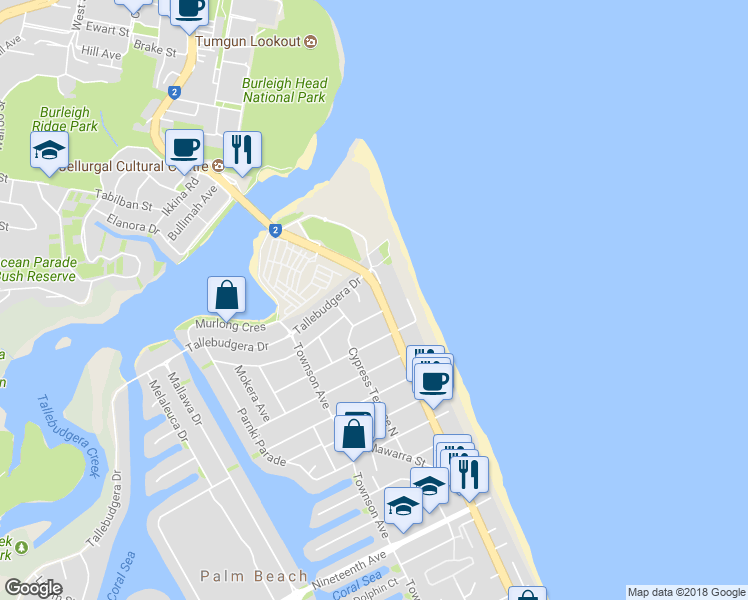 map of restaurants, bars, coffee shops, grocery stores, and more near 1488 Gold Coast Highway in Palm Beach