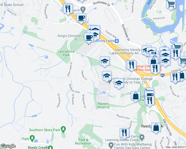 map of restaurants, bars, coffee shops, grocery stores, and more near 32A Bridgman Drive in Reedy Creek