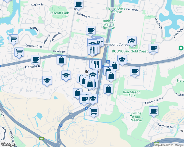 map of restaurants, bars, coffee shops, grocery stores, and more near in Burleigh Heads