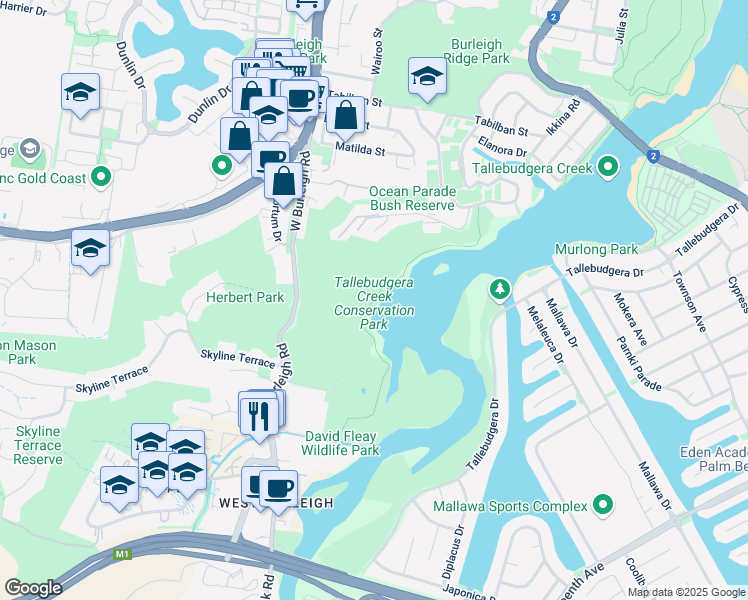 map of restaurants, bars, coffee shops, grocery stores, and more near 222 West Burleigh Road in Burleigh Heads
