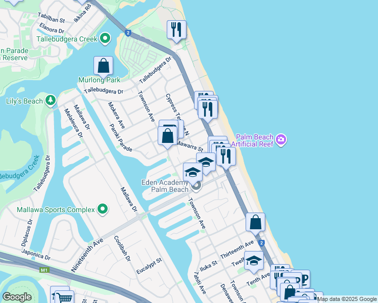 map of restaurants, bars, coffee shops, grocery stores, and more near 16 Mawarra Street in Palm Beach
