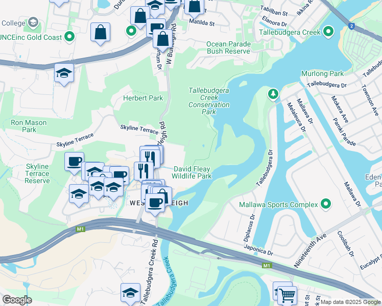 map of restaurants, bars, coffee shops, grocery stores, and more near 1 Kabool Road in Burleigh Heads