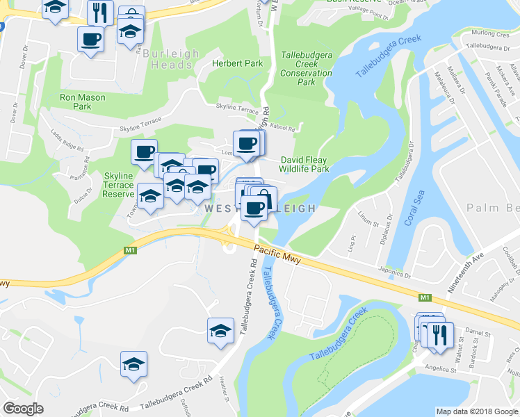 map of restaurants, bars, coffee shops, grocery stores, and more near in Burleigh Heads