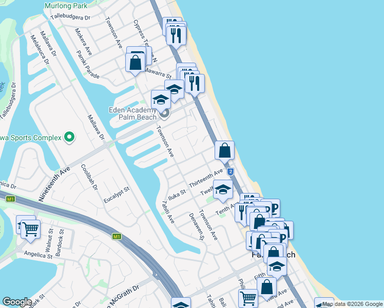 map of restaurants, bars, coffee shops, grocery stores, and more near 25 Fifteenth Avenue in Palm Beach