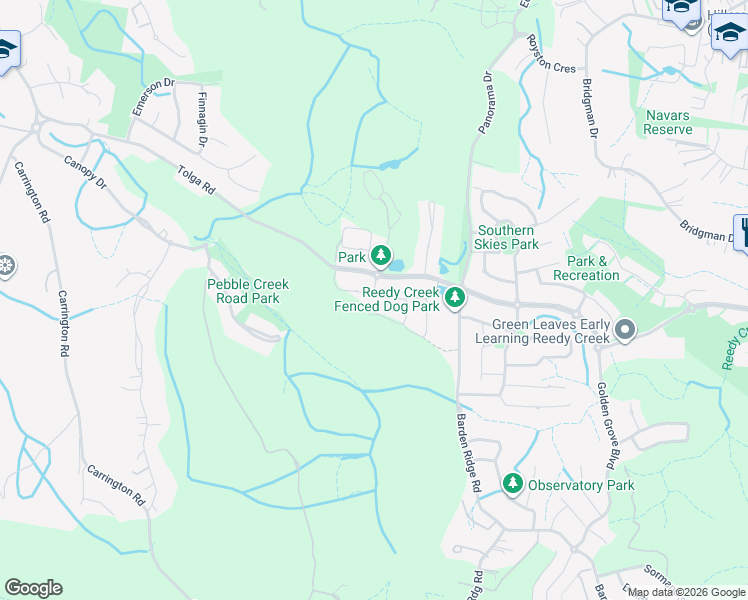 map of restaurants, bars, coffee shops, grocery stores, and more near 9 Worchester Terrace in Reedy Creek