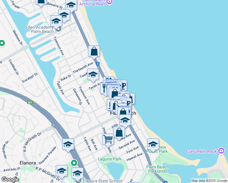 map of restaurants, bars, coffee shops, grocery stores, and more near 1111 Gold Coast Highway in Palm Beach