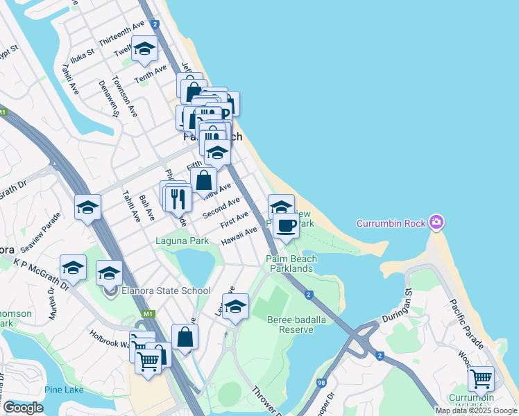 map of restaurants, bars, coffee shops, grocery stores, and more near 983 Gold Coast Highway in Palm Beach