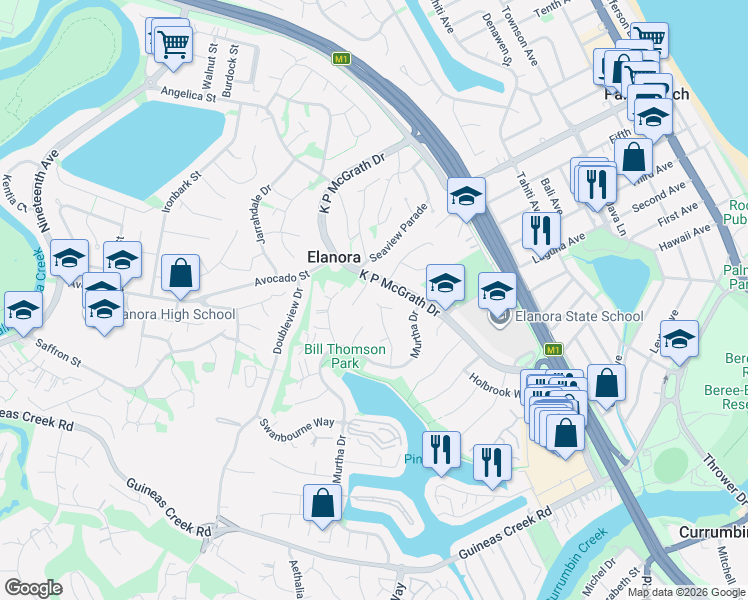 map of restaurants, bars, coffee shops, grocery stores, and more near 22 Ballidu Close in Elanora