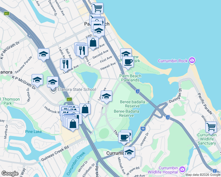 map of restaurants, bars, coffee shops, grocery stores, and more near 72 Sarawak Avenue in Palm Beach
