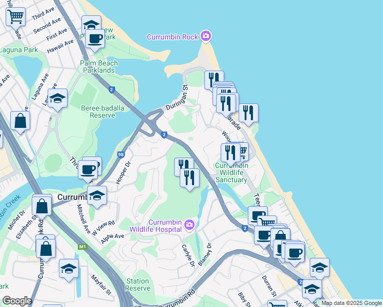 map of restaurants, bars, coffee shops, grocery stores, and more near Gold Coast Hwy in Currumbin