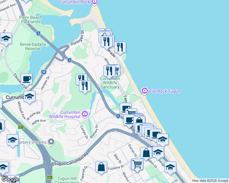 map of restaurants, bars, coffee shops, grocery stores, and more near 40 Teemangum Street in Currumbin