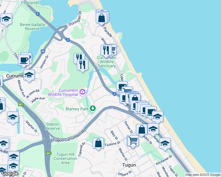 map of restaurants, bars, coffee shops, grocery stores, and more near 523 Gold Coast Highway in Tugun