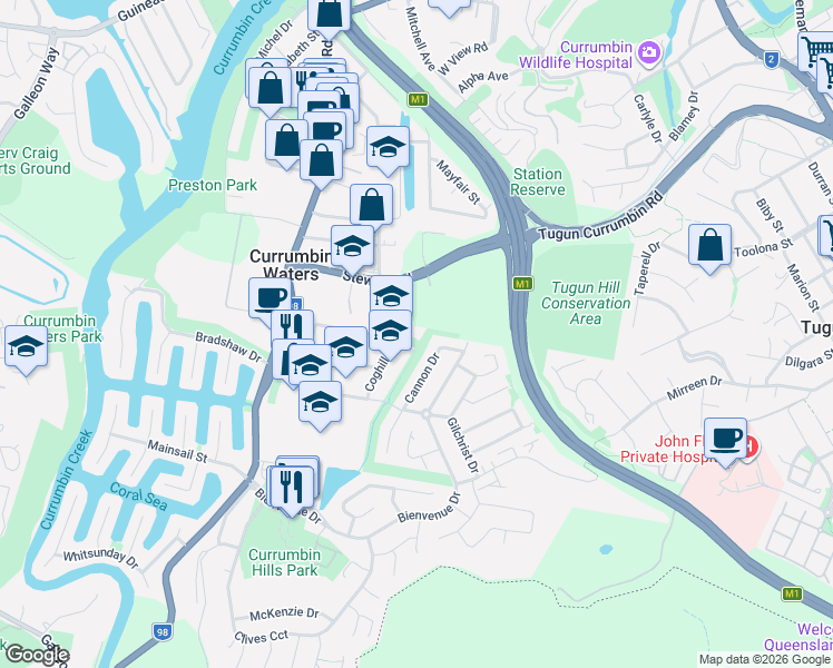 map of restaurants, bars, coffee shops, grocery stores, and more near 17 Coghill Drive in Currumbin Waters