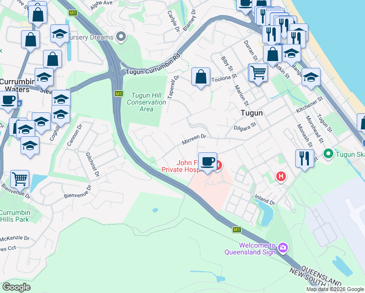 map of restaurants, bars, coffee shops, grocery stores, and more near 34 Mirreen Drive in Currumbin Waters