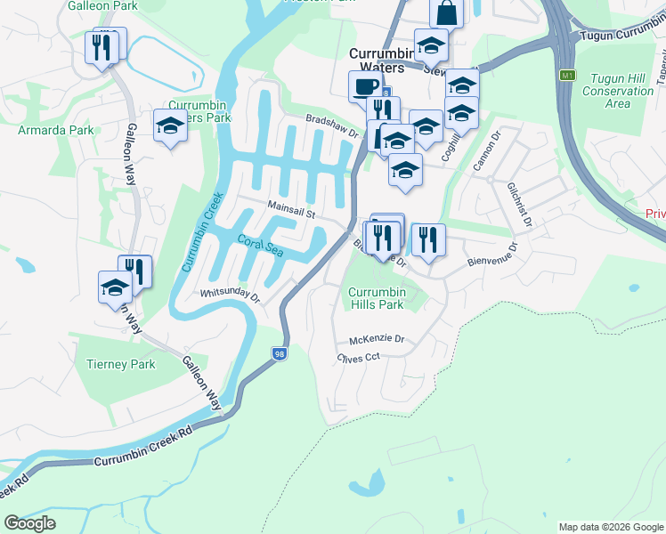 map of restaurants, bars, coffee shops, grocery stores, and more near 16 Cormack Place in Currumbin Waters