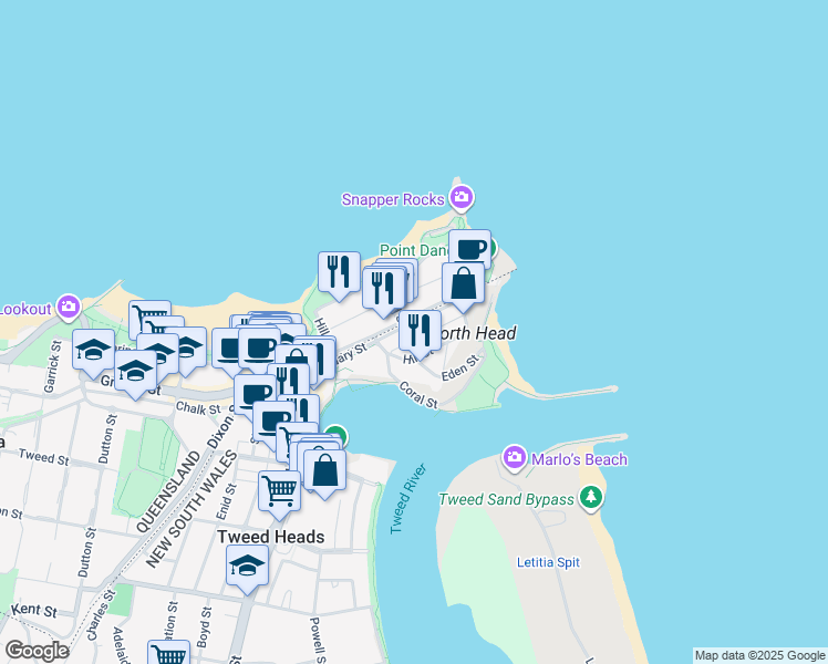 map of restaurants, bars, coffee shops, grocery stores, and more near 30 Boundary Street in Tweed Heads