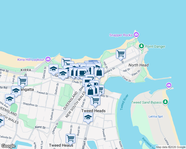 map of restaurants, bars, coffee shops, grocery stores, and more near 120 Marine Parade in Coolangatta
