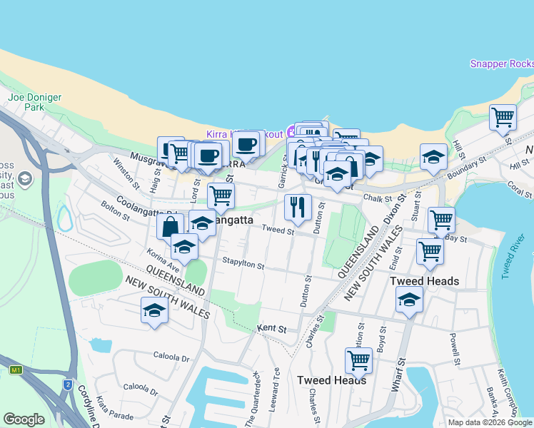map of restaurants, bars, coffee shops, grocery stores, and more near 43 Garrick Street in Coolangatta