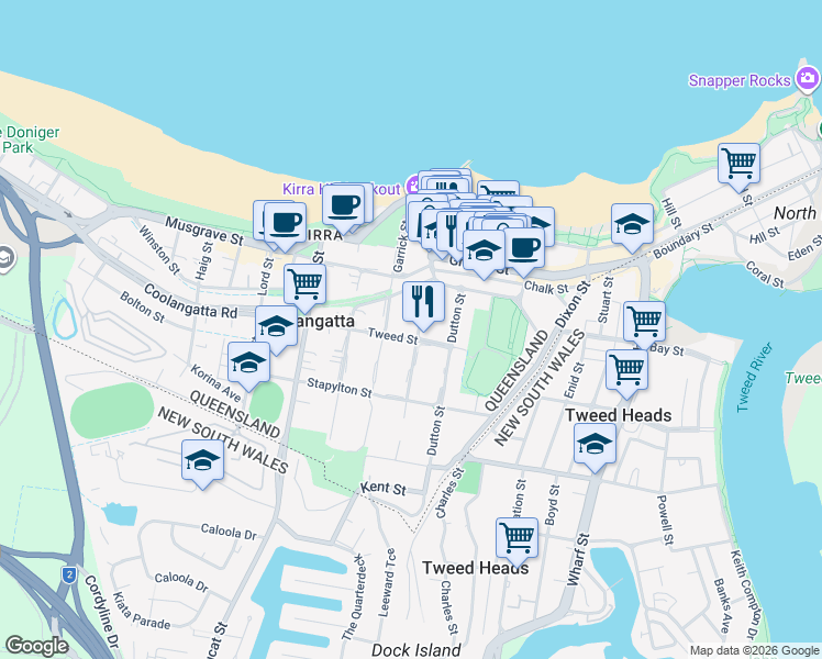 map of restaurants, bars, coffee shops, grocery stores, and more near 67 McLean Street in Coolangatta