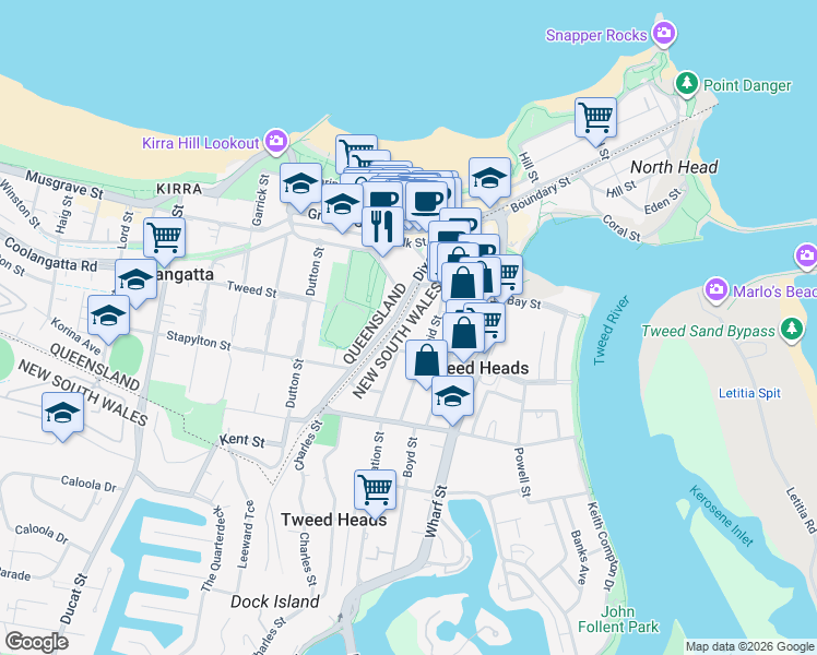 map of restaurants, bars, coffee shops, grocery stores, and more near 18 Thomson Street in Tweed Heads