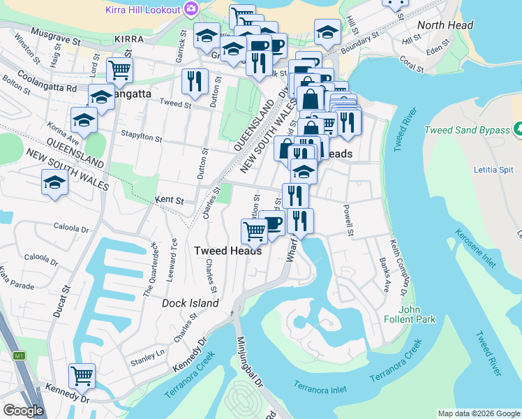 map of restaurants, bars, coffee shops, grocery stores, and more near 16 Recreation Street in Tweed Heads