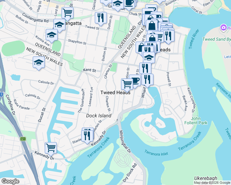 map of restaurants, bars, coffee shops, grocery stores, and more near in Tweed Shire Council