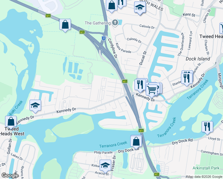 map of restaurants, bars, coffee shops, grocery stores, and more near 10 Honeysuckle Street in Tweed Heads West