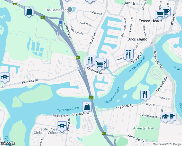 map of restaurants, bars, coffee shops, grocery stores, and more near 6 Shearwater Parade in Tweed Heads