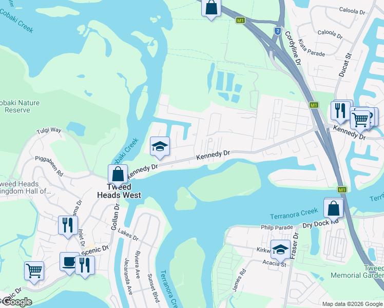map of restaurants, bars, coffee shops, grocery stores, and more near 1 Limosa Road in Tweed Heads West