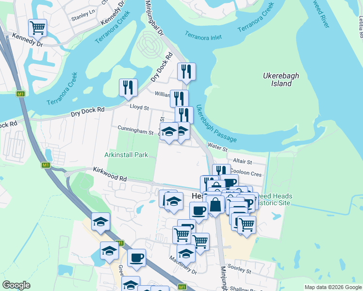 map of restaurants, bars, coffee shops, grocery stores, and more near Heffron Street in Tweed Heads South