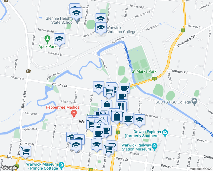 map of restaurants, bars, coffee shops, grocery stores, and more near 7 Palmerin Street in Warwick