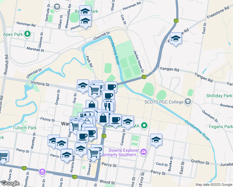 map of restaurants, bars, coffee shops, grocery stores, and more near 37 Victoria Street in Warwick