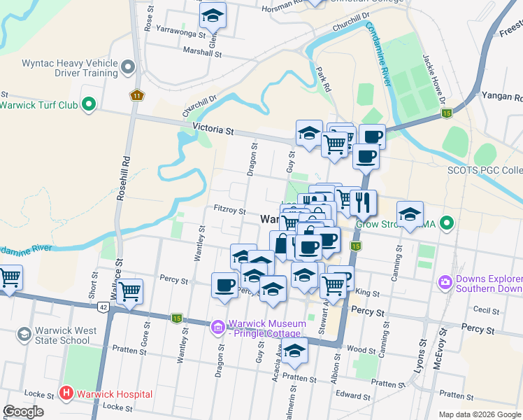 map of restaurants, bars, coffee shops, grocery stores, and more near 103 Fitzroy Street in Warwick