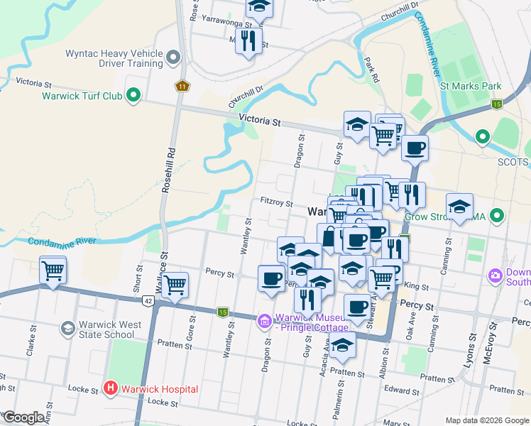 map of restaurants, bars, coffee shops, grocery stores, and more near 13 Bell Place in Warwick