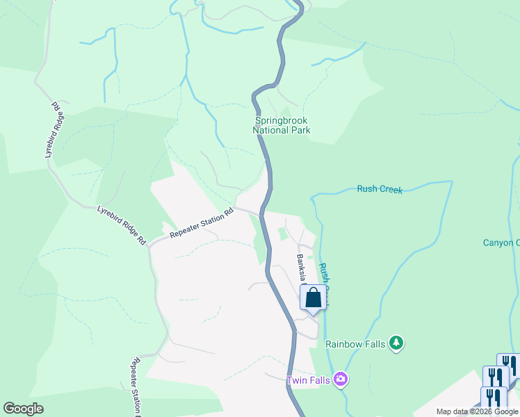 map of restaurants, bars, coffee shops, grocery stores, and more near 43 Repeater Station Road in Springbrook