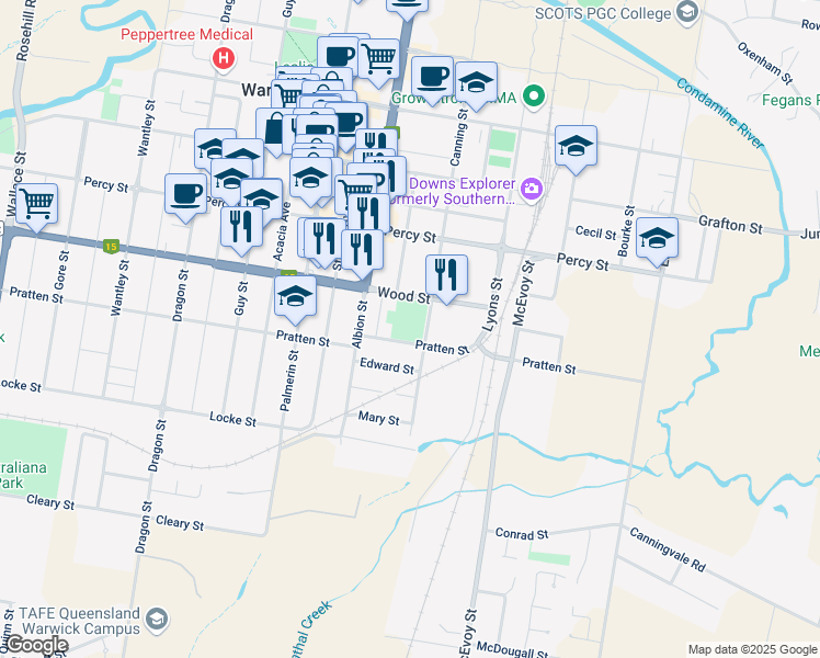 map of restaurants, bars, coffee shops, grocery stores, and more near in Warwick