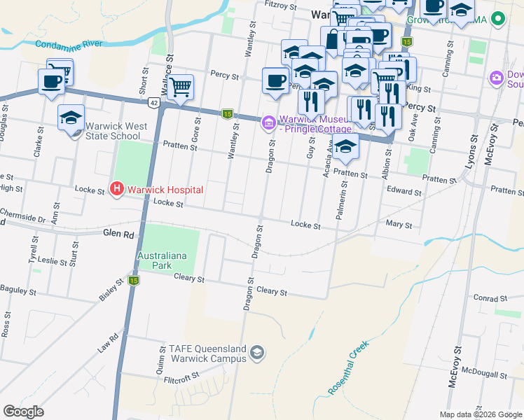 map of restaurants, bars, coffee shops, grocery stores, and more near Dragon Street in Warwick